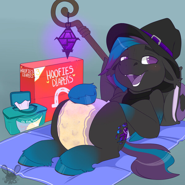 Size: 1280x1280 | Tagged: questionable, artist:ifonjaqrabbit, derpibooru import, oc, bat pony, adult foal, bat pony oc, bat wings, diaper, diaper change, diaper fetish, diaper package, fangs, fetish, foal wipes, hat, image, jpeg, magic staff, simple background, solo, urine, wet diaper, wings, witch hat