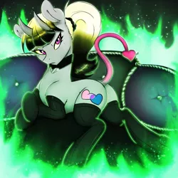 Size: 894x894 | Tagged: suggestive, artist:marking, derpibooru import, oc, oc:silken soul, pony, succubus, succubus pony, series:monstermaresandyou, annoyed, clothes, collar, female, fire, green fire, horns, image, jpeg, mare, pillow, ponytail, socks, solo, stockings, succubus tail, thigh highs