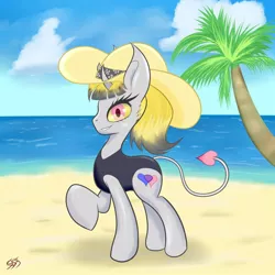 Size: 894x894 | Tagged: safe, artist:sweetstrokesstudios, derpibooru import, oc, oc:silken soul, pony, succubus, succubus pony, series:monstermaresandyou, beach, clothes, hat, horns, image, jpeg, looking at you, ocean, one-piece swimsuit, palm tree, ponytail, sand, smiling, smiling at you, solo, succubus tail, sun hat, swimsuit, tree