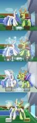 Size: 2750x9000 | Tagged: source needed, safe, artist:bladedragoon7575, derpibooru import, princess celestia, thorax, alicorn, changedling, changeling, inflatable pony, pooltoy pony, comic, image, inflatable, inflatable scenery, inflatable toy, png, swimming pool, transformation