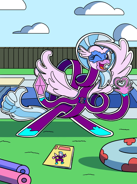 Size: 953x1280 | Tagged: safe, artist:sergeant16bit, derpibooru import, silverstream, hippogriff, elastic, image, inner tube, one eye closed, png, pool noodle, superhero, swimming pool, thumbs up, transformation, wink