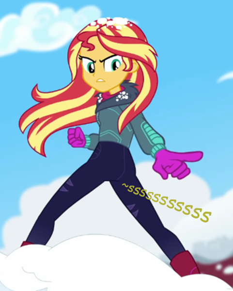 Size: 488x609 | Tagged: suggestive, artist:thedarkpony, derpibooru import, edit, edited screencap, screencap, sunset shimmer, equestria girls, equestria girls series, holidays unwrapped, spoiler:eqg series (season 2), bunset shimmer, butt, clothes, cropped, female, fetish, image, implied pissing, implied urine, implied wetting, pee edit, png, urine, watersports, winter outfit