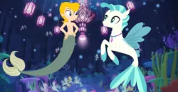 Size: 1126x586 | Tagged: safe, artist:ocean lover, artist:selenaede, derpibooru import, screencap, terramar, merboy, mermaid, merman, seapony (g4), bare chest, base, belly button, coral, fins, glow, image, kelp, looking at each other, male, png, seaquestria, seaweed, swimming, underwater, urchin (the little mermaid)