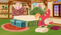 Size: 2880x1680 | Tagged: safe, anonymous artist, derpibooru import, big macintosh, fluttershy, earth pony, pegasus, pony, series:fm holidays, bed, bedroom, bed sheets, big grin, cute, eyes closed, female, fluttermac, fluttershy's cottage, flying, grin, image, labor day, lineless, looking at each other, male, mare, no pupils, pillow, png, quilt, sheet, shipping, shyabetes, smiling, smiling at each other, spread wings, stallion, straight, sunset, toothy grin, wings