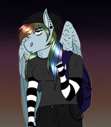 Size: 3016x3442 | Tagged: safe, artist:inisealga, derpibooru import, rainbow dash, anthro, pony, arm warmers, backpack, beanie, clothes, ear piercing, facial scar, female, folded wings, gradient background, hat, image, jeans, jpeg, mare, neck fluff, pants, piercing, shirt, solo, solo female, wing fluff, wings