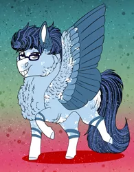Size: 1982x2539 | Tagged: safe, artist:inisealga, derpibooru import, oc, oc:soaring spirit, unofficial characters only, pegasus, pony, blaze (coat marking), chest fluff, chibi, coat markings, colored wings, facial markings, fluffy, gradient background, image, jpeg, male, markings, neck fluff, pegasus oc, socks (coat marking), solo, solo male, spread wings, stallion, wings