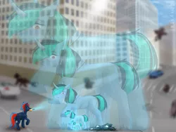 Size: 4409x3307 | Tagged: safe, artist:chrystal_company, derpibooru import, oc, oc:black the dragon, oc:chrystal, unofficial characters only, pegasus, pony, unicorn, building, car, city, female, giantess, image, macro, micro, png, shrinking