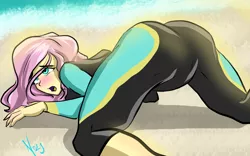 Size: 4000x2500 | Tagged: suggestive, artist:nolyanimeid, derpibooru import, fluttershy, equestria girls, equestria girls series, beach, face down ass up, female, high res, image, jacko challenge, jpeg, meme, open mouth, solo, solo female, wetsuit