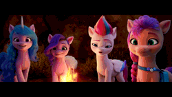 Size: 1920x1080 | Tagged: safe, derpibooru import, official, screencap, izzy moonbow, pipp petals, sunny starscout, zipp storm, earth pony, pegasus, pony, unicorn, my little pony: a new generation, spoiler:my little pony: a new generation, animated, campfire, female, fire, floppy ears, g5, gif, image, mare, smiling