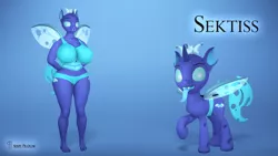 Size: 3840x2160 | Tagged: safe, artist:seriff-pilcrow, derpibooru import, oc, oc:sektiss, anthro, changeling, plantigrade anthro, anthro oc, anthro ponidox, belly button, big breasts, bra, breasts, changeling oc, clothes, duality, huge breasts, image, open mouth, open smile, panties, png, raised hoof, self ponidox, smiling, thick, tongue out, underwear