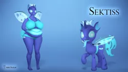 Size: 3840x2160 | Tagged: safe, alternate version, artist:seriff-pilcrow, derpibooru import, oc, oc:sektiss, anthro, changeling, 3d, anthro oc, anthro ponidox, big breasts, bra, breasts, chubby, clothes, duality, image, open mouth, open smile, panties, png, raised hoof, self ponidox, smiling, source filmmaker, thick, tongue out, underwear