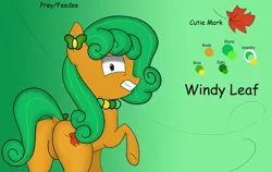 Size: 3181x2016 | Tagged: suggestive, artist:bestponies, derpibooru import, oc, oc:windy leaf, unofficial characters only, earth pony, pony, bow, butt, cutie mark, dialogue, dock, earth pony oc, feedee, female, from behind, gradient background, green background, green eyes, green mane, image, jewelry, jpeg, leaf, mare, mare prey, plot, reference sheet, scared, simple background, solo, solo female