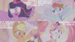 Size: 1280x720 | Tagged: safe, derpibooru import, edit, edited screencap, editor:quoterific, screencap, applejack, fluttershy, pinkie pie, rainbow dash, rarity, twilight sparkle, twilight sparkle (alicorn), alicorn, earth pony, pegasus, pony, unicorn, season 9, the beginning of the end, spoiler:s09, applejack's hat, cowboy hat, female, glowing eyes, hat, image, implied king sombra, mane six, mare, open mouth, png, spread wings, wings