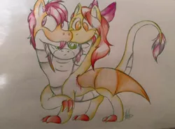 Size: 960x708 | Tagged: safe, artist:millefaller, derpibooru import, apple bloom, scootaloo, sweetie belle, hydra, bow, claws, cutie mark crusaders, female, fusion, hair bow, hydrafied, image, jpeg, multiple heads, signature, smiling, species swap, three heads, traditional art