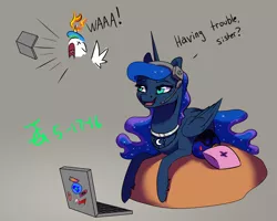 Size: 1000x800 | Tagged: safe, artist:joan-grace, derpibooru import, princess celestia, princess luna, alicorn, pony, angry, bag, bust, computer, duo, ethereal mane, female, fire, headset, image, laptop computer, lying down, mare, open mouth, png, prone, saddle bag, signature, smiling, starry mane, talking