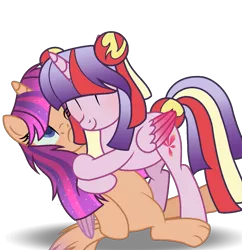 Size: 1221x1263 | Tagged: safe, artist:amicasecretuwu, derpibooru import, oc, oc:twinkle kitty, unofficial characters only, alicorn, hybrid, pony, female, hug, image, magical lesbian spawn, mare, offspring, parent:capper dapperpaws, parent:sunset shimmer, parent:twilight sparkle, parents:sunsetsparkle, png, simple background, transparent background