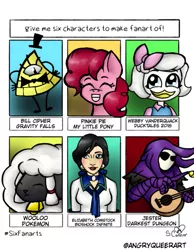 Size: 479x618 | Tagged: safe, artist:theangriestqueeralive, derpibooru import, pinkie pie, anthro, bird, duck, earth pony, human, pony, wooloo, six fanarts, anthro with ponies, bill cipher, bioshock, bioshock infinite, bowtie, bust, crossover, darkest dungeon, ducktales, elizabeth comstock, eyes closed, female, gravity falls, grin, guitar, hat, image, jester, mare, musical instrument, png, pokémon, smiling, top hat, webby vanderquack