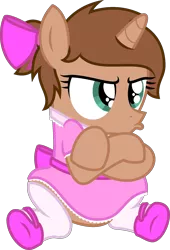 Size: 1306x1925 | Tagged: safe, artist:peternators, derpibooru import, oc, oc:heroic armour, unofficial characters only, pony, unicorn, bow, clothes, colt, crossdressing, crossed arms, dress, fake eyelashes, femboy, image, male, mary janes, png, ponytail, pouting, ribbon, shoes, simple background, socks, transparent background