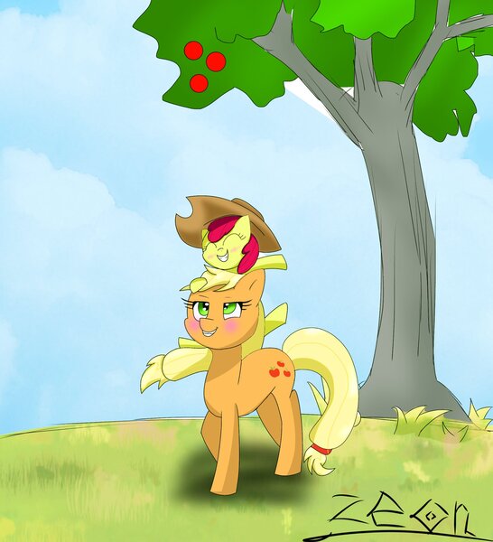 Size: 1863x2048 | Tagged: safe, artist:zeon_starlight, derpibooru import, apple bloom, applejack, earth pony, pony, apple, apple bloom riding applejack, female, filly, food, image, jpeg, mare, ponies riding ponies, riding, siblings, tree