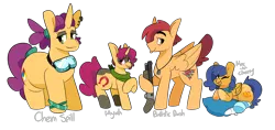 Size: 5100x2400 | Tagged: safe, artist:myahster, derpibooru import, oc, oc:ballistic dash, oc:chem spill, oc:mac-n-cheesy, oc:myah, unofficial characters only, pegasus, unicorn, dog tags, family, goggles, group, gun, image, line-up, nametags, pillow, png, shotgun, weapon