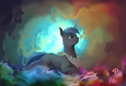 Size: 2500x1700 | Tagged: safe, artist:stray prey, derpibooru import, oc, oc:lucent, pony, unicorn, abstract background, adorable face, bandana, cloud, colorful, cute, image, male, png, smoke, stallion