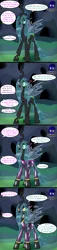 Size: 3840x16763 | Tagged: suggestive, artist:damlanil, derpibooru import, queen chrysalis, changeling, changeling queen, aroused, blushing, clothes, comic, commission, costume, crown, disappearing clothes, drool, eyeshadow, female, glasses, goggles, heat, horn, image, implied nightmare moon, implied twilight sparkle, jewelry, latex, latex suit, makeup, png, regalia, rubber, shadowbolt drone, shadowbolts, shadowbolts costume, shadowbolts (nightmare moon's minions), shiny, shiny mane, show accurate, solo, suit, teeth, text, transformation, vector, wings