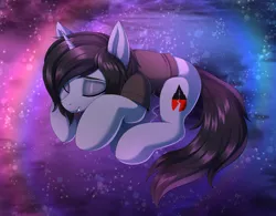 Size: 5994x4671 | Tagged: safe, artist:ask-colorsound, derpibooru import, oc, ponified, ponified:kellin quinn, pony, unicorn, abstract background, clothes, commission, disguise, disguised siren, eyes closed, fangs, horn, image, male, png, shirt, sleeping, smiling, solo, stallion, t-shirt, ych result