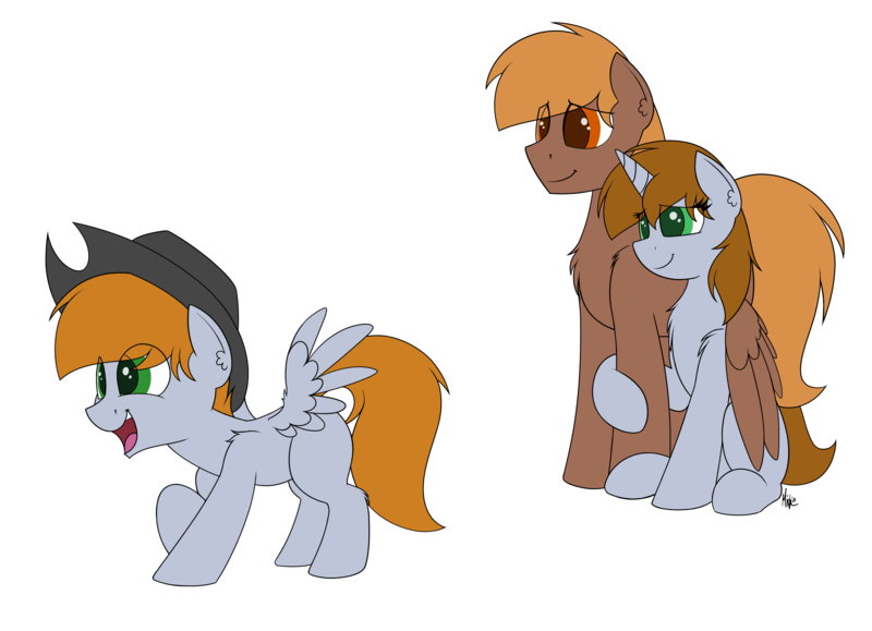 Size: 2900x2100 | Tagged: safe, artist:ponynamedmixtape, derpibooru import, oc, oc:calamity, oc:littlepip, pegasus, pony, unicorn, fallout equestria, female, hat, image, male, mare, oc x oc, parent:oc:calamity, parent:oc:littlepip, parents:piplamity, piplamity, png, shipping, simple background, smiling, straight, transparent background