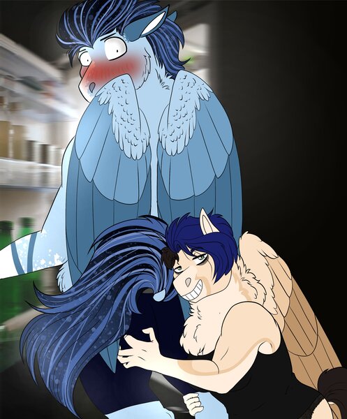 Size: 2404x2902 | Tagged: suggestive, artist:inisealga, derpibooru import, oc, oc:mocha frost, oc:soaring spirit, unofficial characters only, anthro, pegasus, pony, blushing, bottomless, boxer briefs, butt grab, butt touch, chest fluff, clothes, coat markings, facial markings, female, folded wings, grope, image, jpeg, male, mare, neck fluff, partial nudity, pegasus oc, real life background, refrigerator, socks (coat marking), stallion, topless, underwear, wings