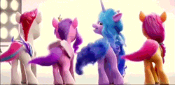 Size: 995x484 | Tagged: safe, derpibooru import, screencap, izzy moonbow, pipp petals, sunny starscout, zipp storm, earth pony, pegasus, pony, unicorn, my little pony: a new generation, spoiler:my little pony: a new generation, adorasexy, animated, butt, butt shake, cropped, cute, female, females only, g5, gif, image, looking at you, looking back, mare, mares only, non-looping gif, plot, rear view, sexy, shaking, tail wag, twerking