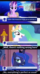 Size: 1086x2033 | Tagged: safe, derpibooru import, edit, edited screencap, screencap, princess celestia, princess luna, starlight glimmer, alicorn, pony, unicorn, a royal problem, canterlot, chair, female, image, mare, meme, news, parody, png, poland, ponified meme, propaganda parody, siblings, sisters, siting, tvp, zbs