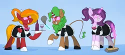 Size: 6000x2635 | Tagged: safe, artist:moonatik, derpibooru import, oc, oc:czupone, oc:moonatik, oc:stillwater, unofficial characters only, kirin, pegasus, pony, unicorn, abstract background, apron, bottle, bow, bowtie, broom, clothes, crossdressing, duster, forced smile, glass, gloves, grin, hair bow, horn, hypnosis, hypnotized, image, kirin oc, levitation, magic, maid, male, pegasus oc, platter, png, ponytail, shoes, smiling, stallion, swirly eyes, telekinesis, tights, tray, unicorn oc, wine bottle, wine glass, wings