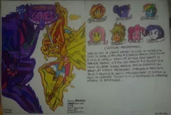 Size: 750x504 | Tagged: safe, artist:karadeg, derpibooru import, applejack, fluttershy, pinkie pie, rainbow dash, rarity, sci-twi, spike, sunset shimmer, twilight sparkle, equestria girls, friendship games, daydream shimmer, derpibooru exclusive, french, image, jpeg, mane seven, mane six, midnight sparkle