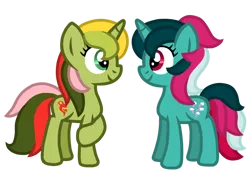 Size: 1024x768 | Tagged: safe, artist:thechocolatesea, derpibooru import, fizzy, mimic (g1), pony, twinkle eyed pony, unicorn, cute, duo, female, fizzybetes, fizzymimic, friends, g1, g1 to g4, g4, generation leap, image, lesbian, mimicbetes, png, shipping, simple background, smiling, transparent background, vector