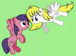 Size: 961x709 | Tagged: safe, artist:piggyman54, derpibooru import, north star, surprise, pegasus, pony, adoraprise, cute, duo, female, flapping, friends, g1, g1 to g4, g4, generation leap, green background, image, mare, northabetes, png, simple background, smiling, wings