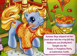 Size: 877x636 | Tagged: safe, artist:lyn fletcher, derpibooru import, official, autumn skye, earth pony, pony, apple, autumn, broom, clothes, cropped, female, food, g3, image, leaves, mare, png, porch, scan, smiling, solo, sweater, text, the perfect pumpkin