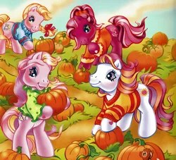 Size: 2277x2069 | Tagged: safe, artist:lyn fletcher, derpibooru import, official, cherry blossom (g3), cupcake (g3), fluttershy (g3), sunny daze (g3), earth pony, pony, alternate hairstyle, autumn, blouse, clothes, female, g3, group, image, mare, png, pumpkin, pumpkin patch, sweater, the perfect pumpkin