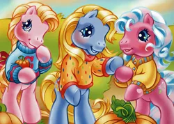 Size: 2261x1613 | Tagged: safe, artist:lyn fletcher, derpibooru import, official, autumn skye, cotton candy (g3), cupcake (g3), earth pony, pony, bipedal, braid, clothes, female, g3, group, image, mare, png, pumpkin, sweater, the perfect pumpkin, trio, trio female
