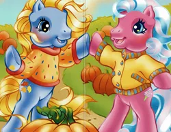 Size: 1933x1497 | Tagged: safe, derpibooru import, official, autumn skye, cotton candy (g3), earth pony, pony, autumn, bipedal, clothes, duo, duo female, female, g3, image, open mouth, png, pumpkin, sweater, the perfect pumpkin