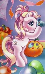 Size: 1265x2073 | Tagged: safe, artist:lyn fletcher, derpibooru import, official, fluttershy (g3), shutterfly, earth pony, pony, alternate hairstyle, balloon, camera, female, from side, hairclip, image, mare, party balloon, photographer, png, pumpkin, solo, taking a picture