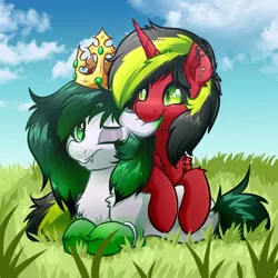 Size: 4000x4000 | Tagged: safe, artist:witchtaunter, derpibooru import, oc, oc:pynoka, earth pony, pony, unicorn, black sclera, chest fluff, commission, crown, cuddling, cute, ear fluff, grass, image, jewelry, nibbling, one eye closed, png, regalia, shoulder fluff, sky, slit eyes, smiling, wink