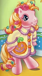 Size: 1153x2105 | Tagged: safe, artist:lyn fletcher, derpibooru import, official, cupcake (g3), earth pony, pony, alternate hairstyle, bipedal, clothes, female, g3, hair curlers, image, mare, png, robe, solo, the perfect pumpkin