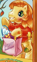 Size: 1025x1689 | Tagged: safe, artist:lyn fletcher, derpibooru import, official, earth pony, pony, bipedal, blouse, bumblesweet (g3), clothes, doorway, female, g3, image, leaf, mare, png, solo, sweater, the perfect pumpkin, wind