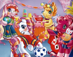 Size: 2333x1825 | Tagged: safe, artist:lyn fletcher, derpibooru import, official, cherry blossom (g3), fluttershy (g3), sunny daze (g3), earth pony, pony, bipedal, bumblesweet (g3), clothes, costume, female, g3, group, halloween, holiday, image, png, the perfect pumpkin
