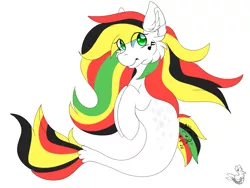 Size: 1873x1405 | Tagged: safe, artist:sharkdoggo, derpibooru import, oc, unofficial characters only, earth pony, pony, seapony (g4), dorsal fin, ear fluff, fish tail, flowing mane, flowing tail, green eyes, image, looking at you, multicolored hair, music notes, png, seaponified, simple background, solo, species swap, tail, white background