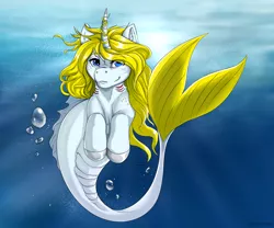 Size: 1200x1000 | Tagged: safe, artist:cappuccinooo, derpibooru import, oc, unofficial characters only, merpony, seapony (g4), unicorn, blue eyes, bubble, crepuscular rays, dorsal fin, fish tail, flowing tail, gills, horn, image, looking at you, ocean, png, seaponified, solo, species swap, sunlight, swimming, tail, underwater, water, yellow eyes