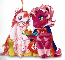 Size: 1997x1845 | Tagged: safe, artist:lyn fletcher, derpibooru import, official, cherry blossom (g3), earth pony, pony, clothes, costume, female, food, fork, g3, halloween, halloween costume, haybale, holiday, image, party decorations, png, pumpkin pie, solo, the perfect pumpkin
