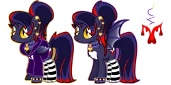 Size: 1280x640 | Tagged: safe, artist:roxieadoptshop, derpibooru import, oc, oc:bleeding love, unofficial characters only, bat pony, pony, bat pony oc, bat wings, bracelet, chest fluff, clothes, collar, ear piercing, earring, eyeshadow, female, hoodie, image, jewelry, lipstick, makeup, mare, markings, multicolored hair, piercing, png, simple background, socks, solo, spiked wristband, striped socks, transparent background, wings, wristband