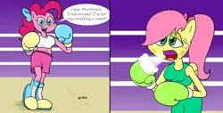 Size: 1920x976 | Tagged: safe, artist:strangefacts101, derpibooru import, fluttershy, pinkie pie, anthro, earth pony, pegasus, alternate hairstyle, boots, bouncing, boxing, boxing gloves, boxing ring, boxing shorts, breath, breathing, clothes, image, mouth guard, png, shoes, shorts, sports, sweat, tanktop, tired, trunks, wings