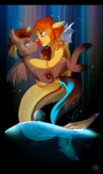Size: 572x967 | Tagged: safe, artist:friskyfurbies, derpibooru import, oc, unofficial characters only, merpony, pegasus, pony, seapony (g4), blue eyes, crying, digital art, ear fluff, feather, fish tail, flowing tail, image, looking at each other, png, shipping, simple background, smiling, tail, water, wet, wings, yellow eyes